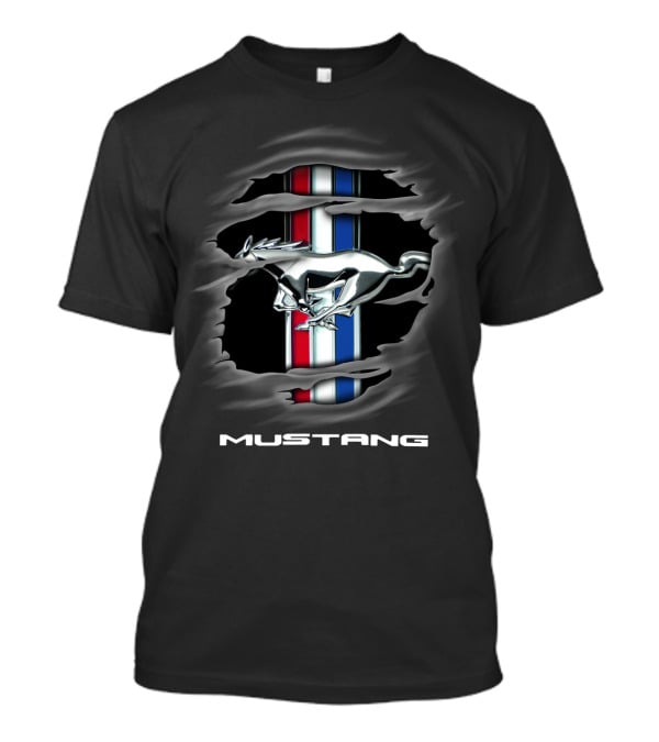 Mustang Silver Pony Emblem With Red White Blue Stripes T-Shirt