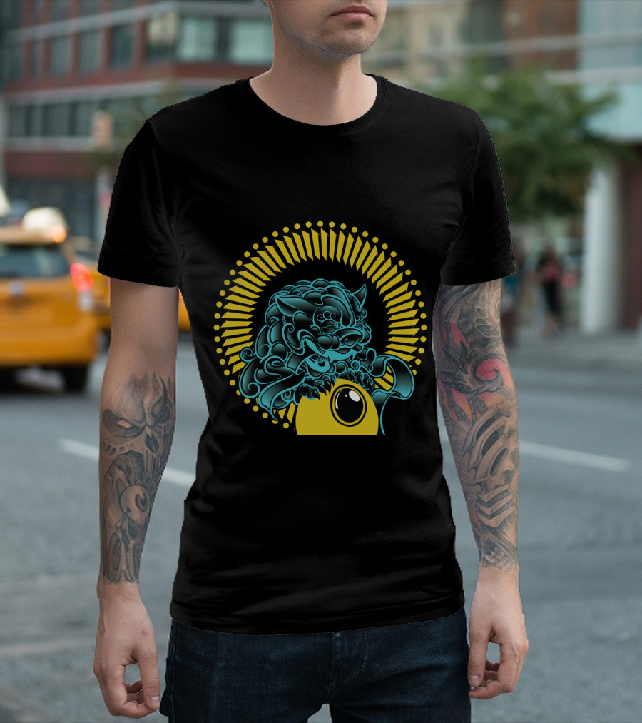 Foo Dog Oriental Mythical Guardian Illustration with Yellow Eye and Radiant Halo T-Shirt