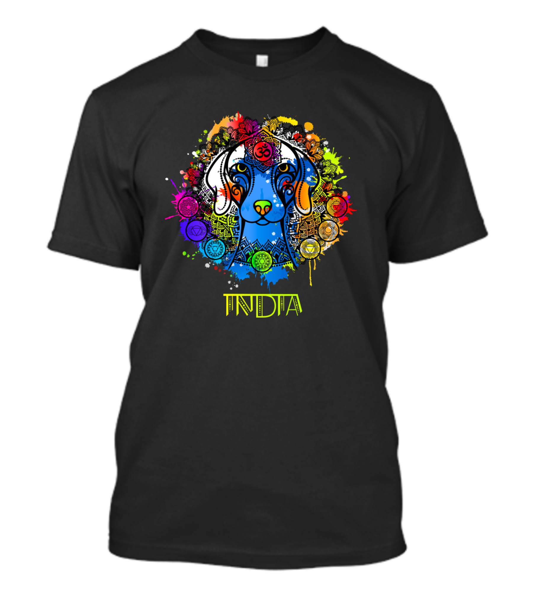 Colorful Ornamental Indian Dog With Hindu Om Symbol And Vibrant Abstract India Text T-Shirt