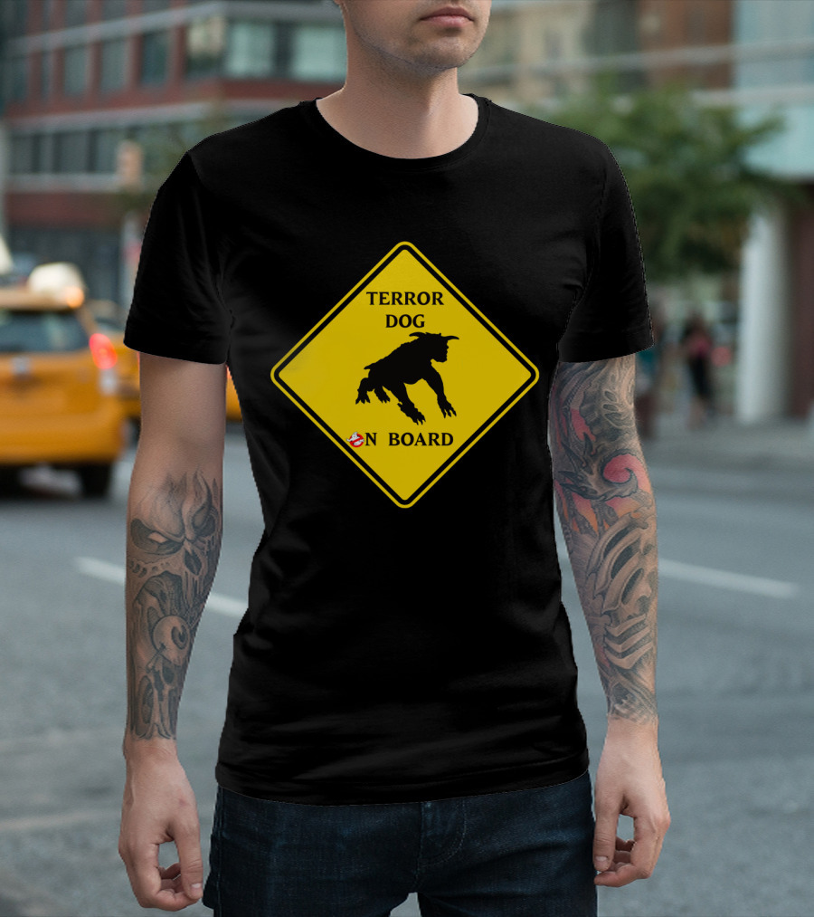 Ghostbusters Terror Dog On Board Sign Caution Stripe T-Shirt