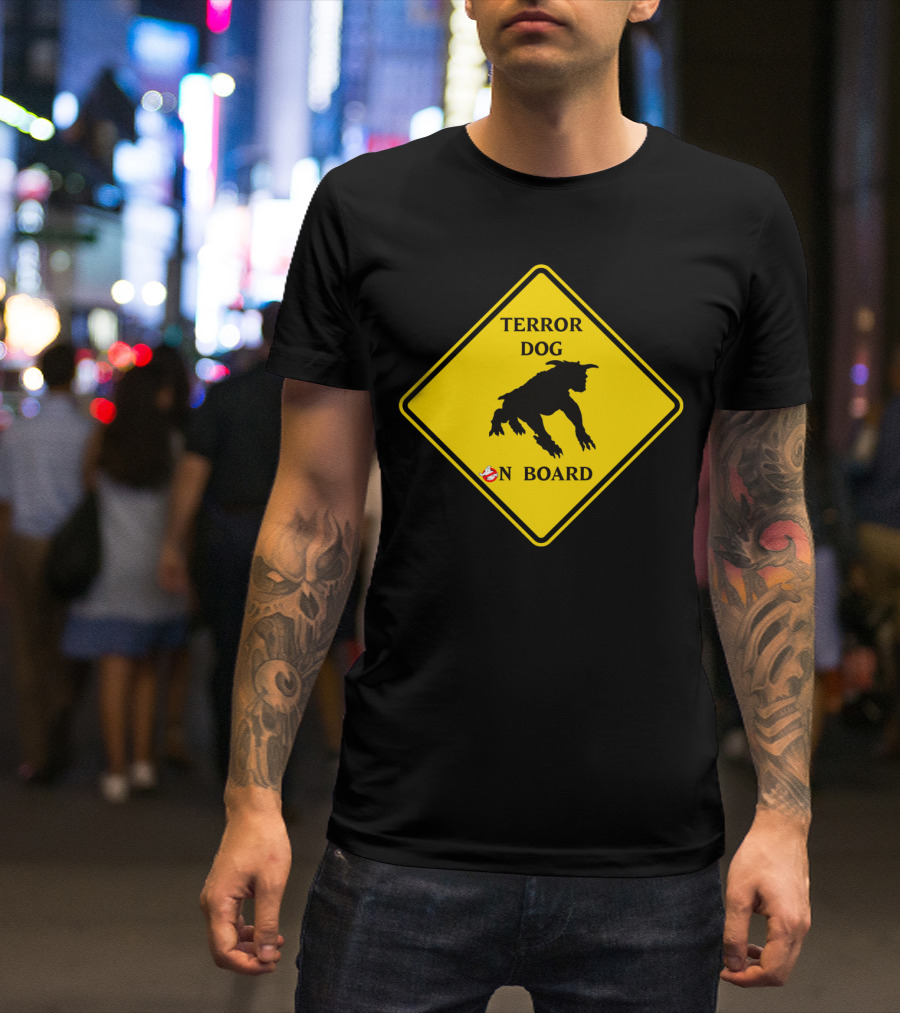 Ghostbusters Terror Dog On Board Sign Caution Stripe T-Shirt