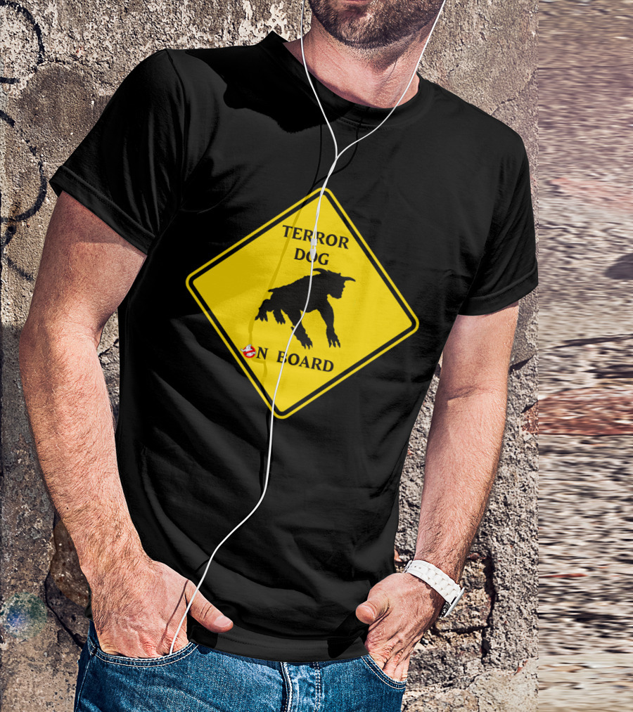 Ghostbusters Terror Dog On Board Sign Caution Stripe T-Shirt