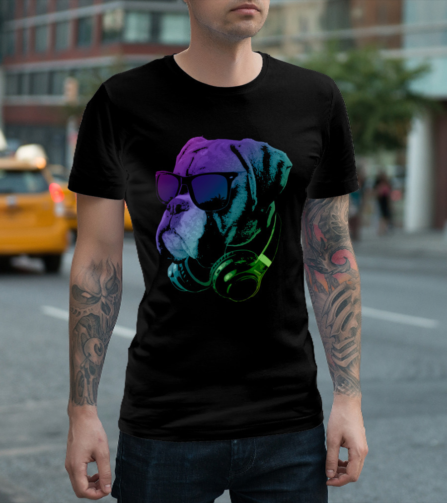 Boxer Dog DJ with Headphones in Vibrant Neon Colors T-Shirt