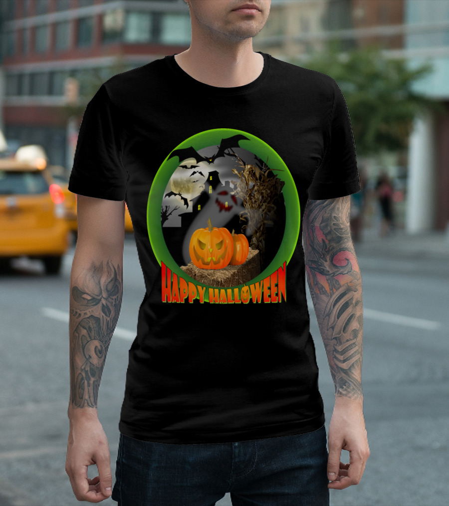 Happy Halloween Ghost Pumpkin House Bat Full Moon Scene T-Shirt