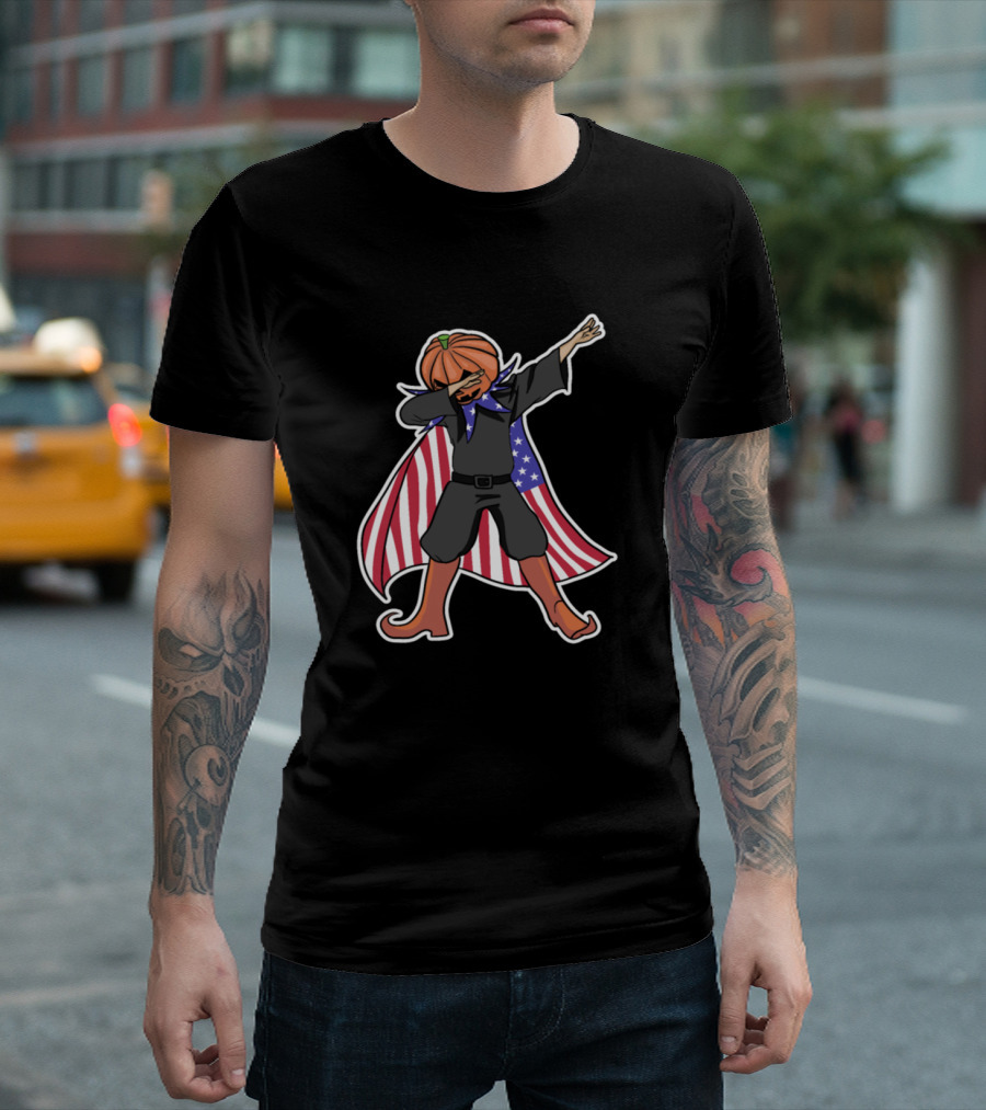 Patriotic Dabbing Pumpkin with USA Flag Cape Halloween T-Shirt