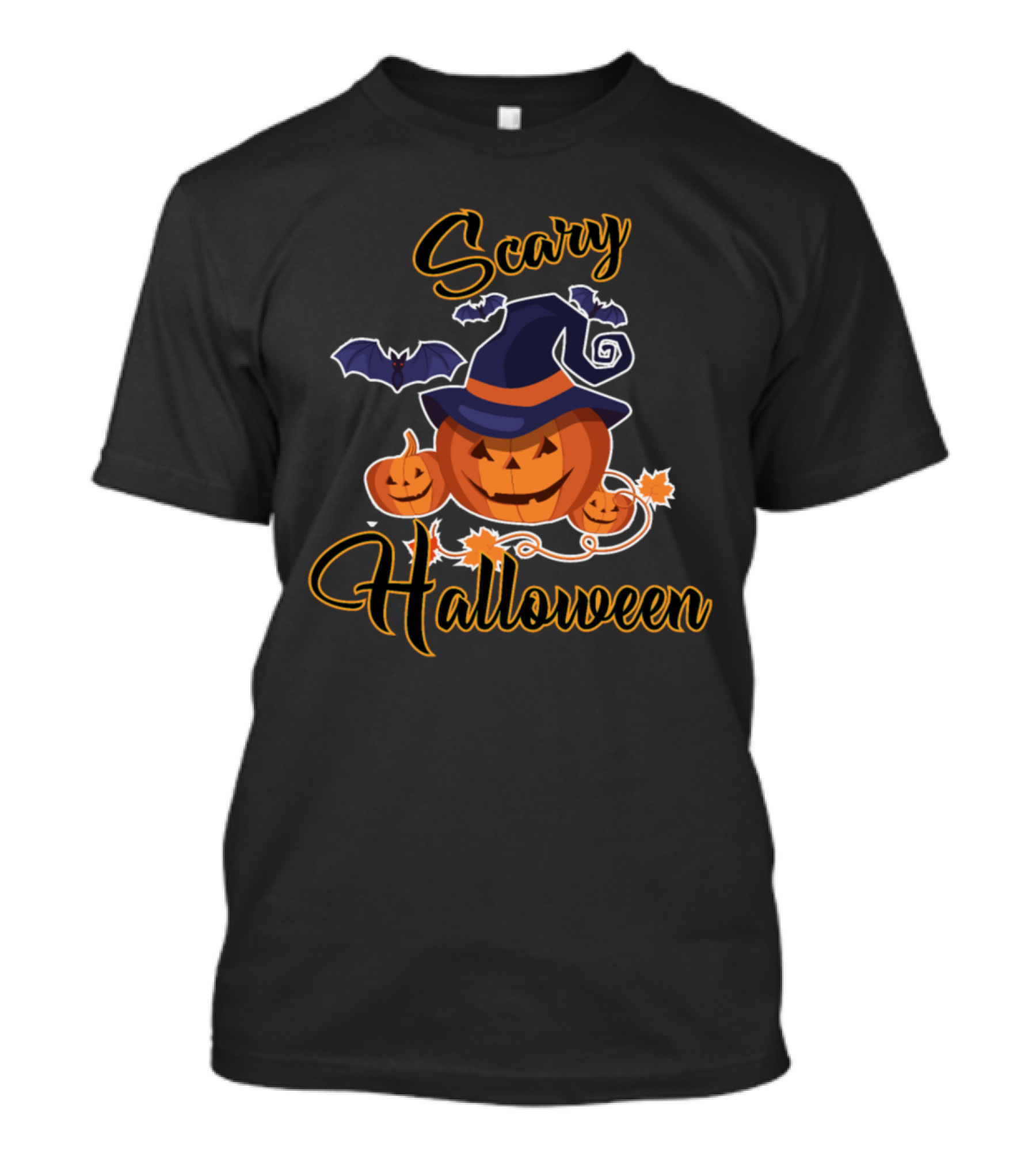 Scary Halloween Pumpkin With Witch Hat And Bat T-Shirt