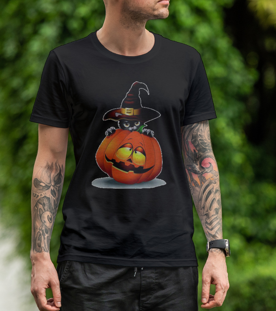Pumpkin Cat Halloween Witch Hat Jack O'Lantern T-Shirt
