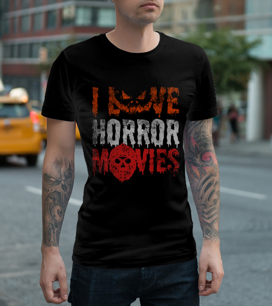 I Love Horror Movies Creepy Pumpkin Mask T-Shirt