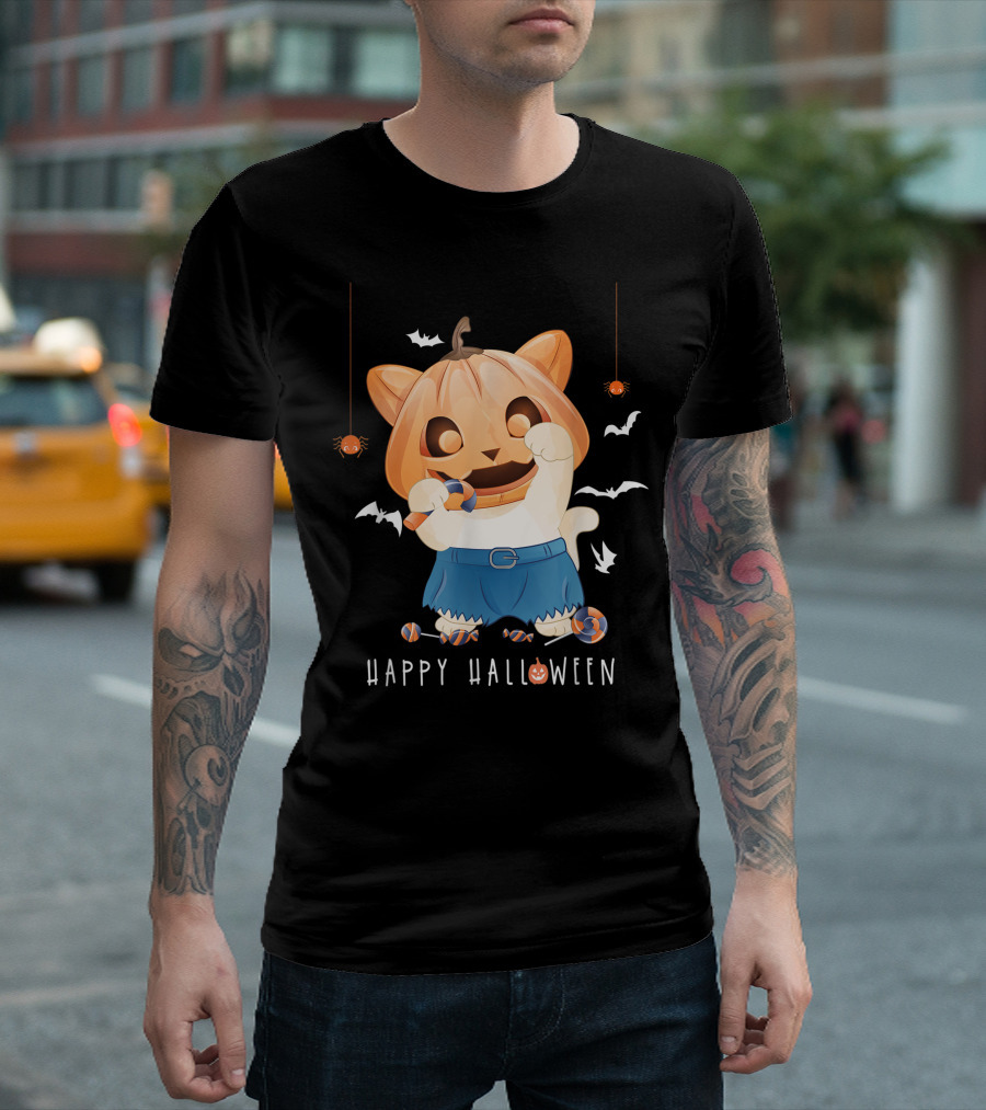 Happy Halloween Pumpkin Cat With Candy And Bats T-Shirt