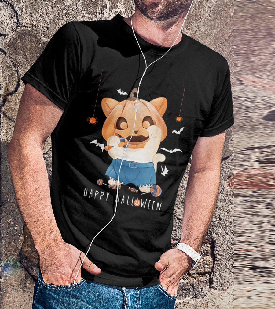 Happy Halloween Pumpkin Cat With Candy And Bats T-Shirt