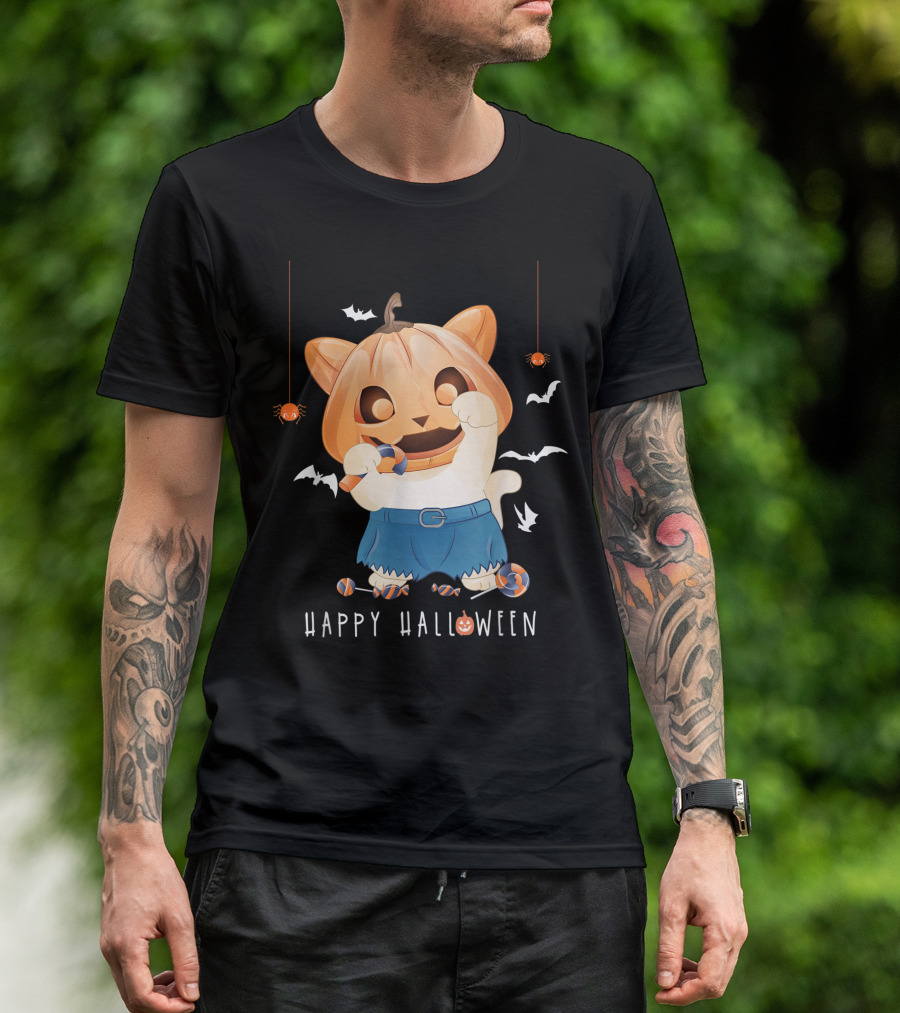 Happy Halloween Pumpkin Cat With Candy And Bats T-Shirt