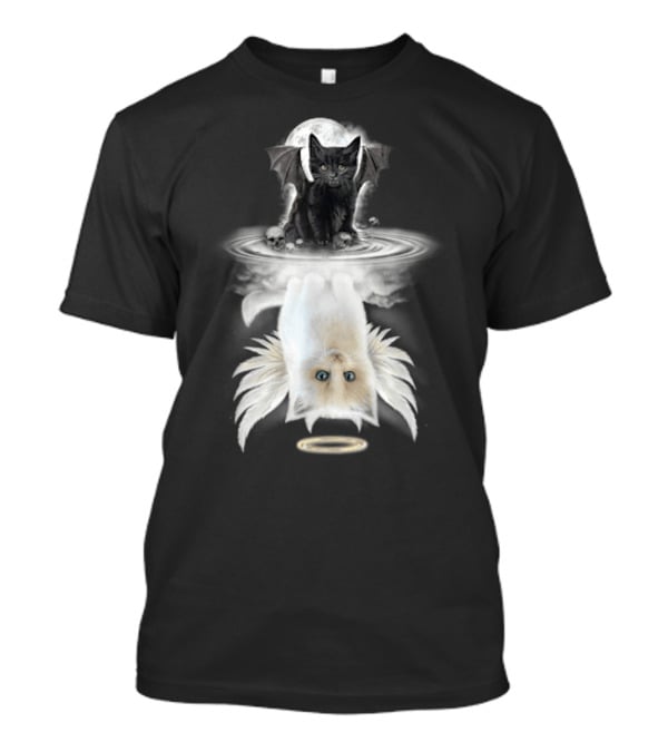 Black Cat Devil With Wings White Cat Angel With Halo Reflection Moon Skulls T-Shirt