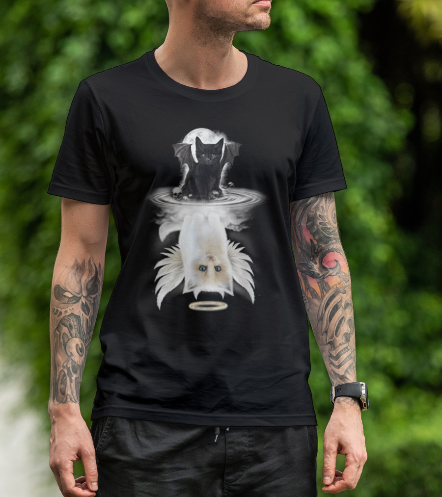 Black Cat Devil With Wings White Cat Angel With Halo Reflection Moon Skulls T-Shirt