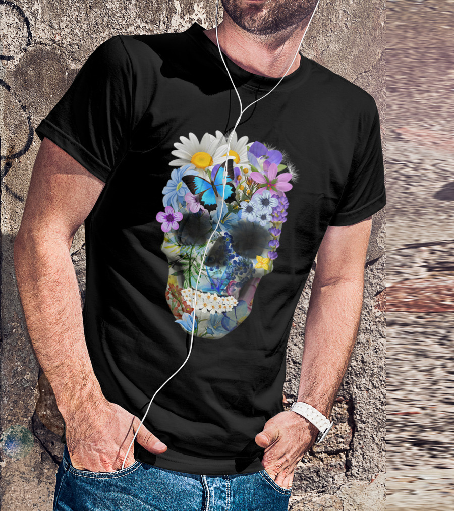 Halloween Floral Sugar Skull With Colorful Flowers And Butterfly T-Shirt