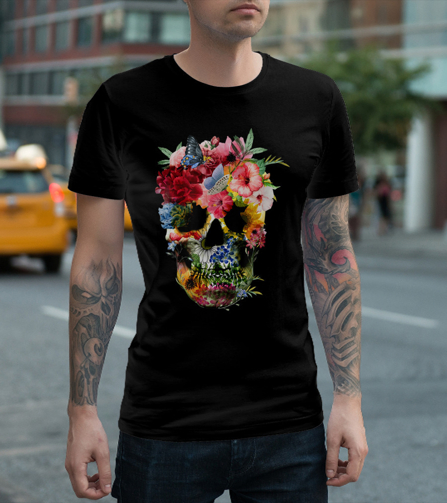Floral Sugar Skull Butterfly Garden Bouquet T-Shirt