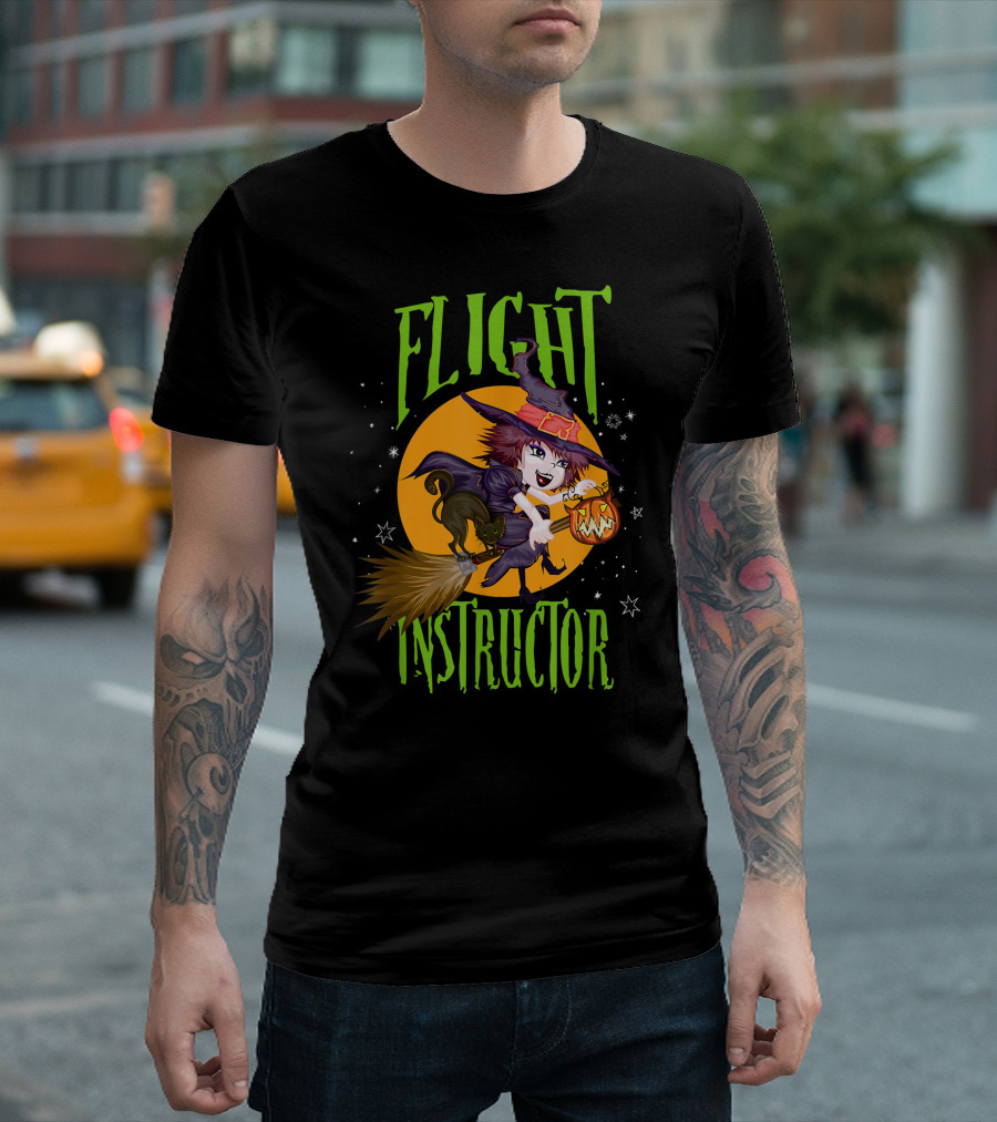 Flight Instructor Witch Broomstick Halloween Cat And Pumpkin Magic Stars T-Shirt