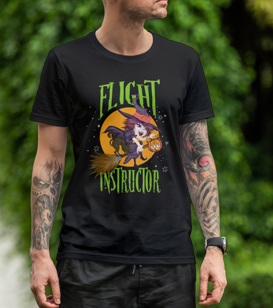 Flight Instructor Witch Broomstick Halloween Cat And Pumpkin Magic Stars T-Shirt