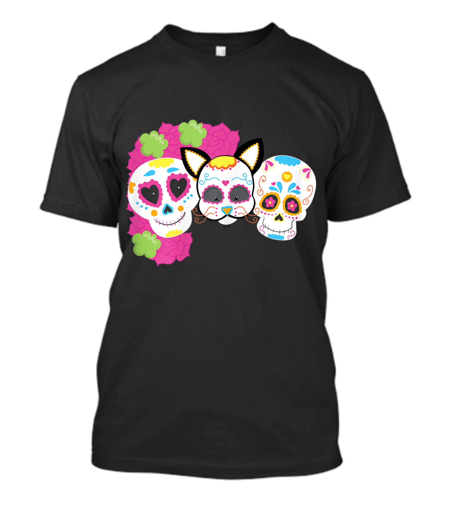 Sugar Skull Cat With Flowers Day Of Dead Floral Skulls T-Shirt