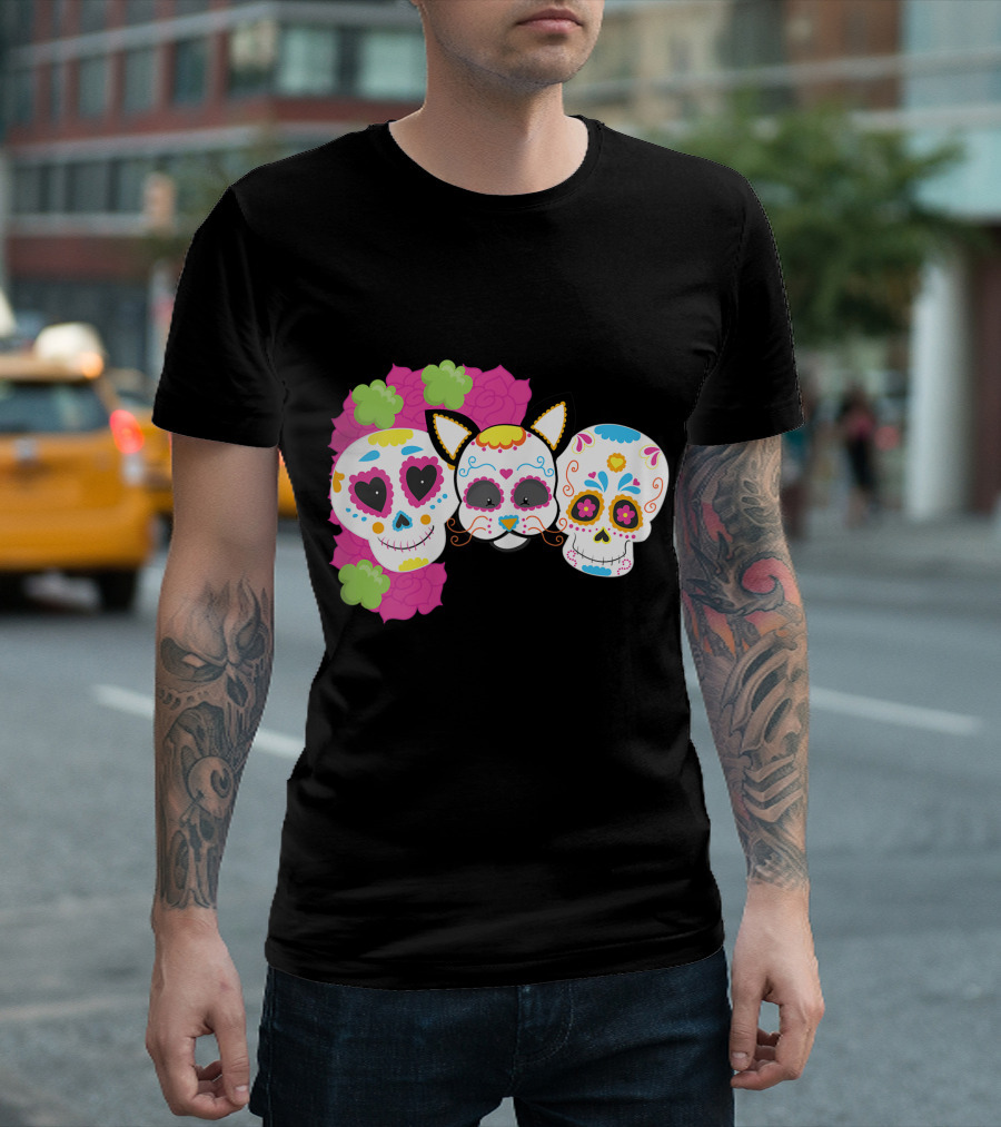 Sugar Skull Cat With Flowers Day Of Dead Floral Skulls T-Shirt