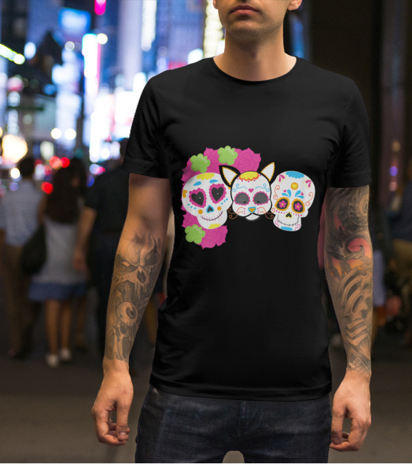 Sugar Skull Cat With Flowers Day Of Dead Floral Skulls T-Shirt
