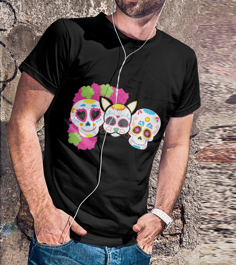 Sugar Skull Cat With Flowers Day Of Dead Floral Skulls T-Shirt