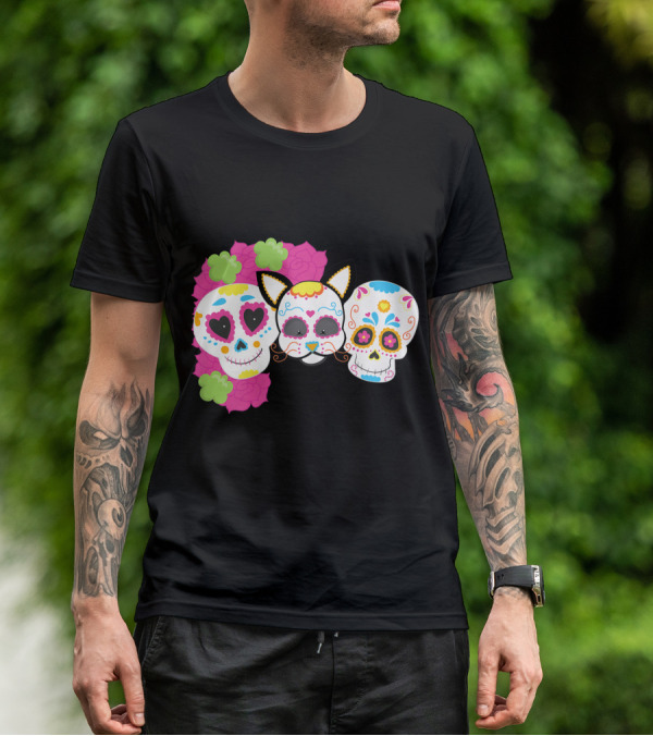 Sugar Skull Cat With Flowers Day Of Dead Floral Skulls T-Shirt
