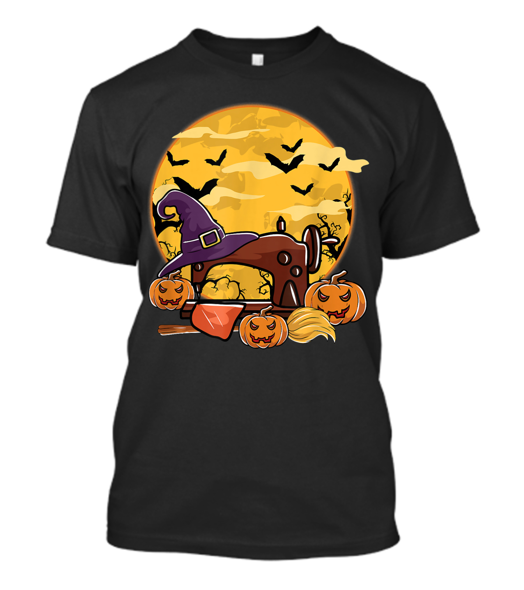 Spooky Sewing Machine With Halloween Pumpkins And Witch Hat In Full Moon Bat Swarm T-Shirt