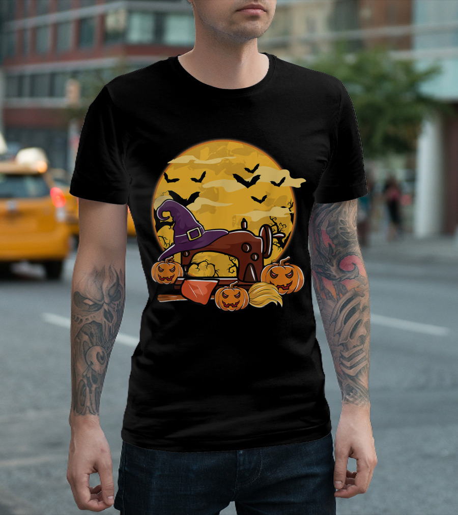 Spooky Sewing Machine with Halloween Pumpkins and Witch Hat in Full Moon Bat Swarm T-Shirt