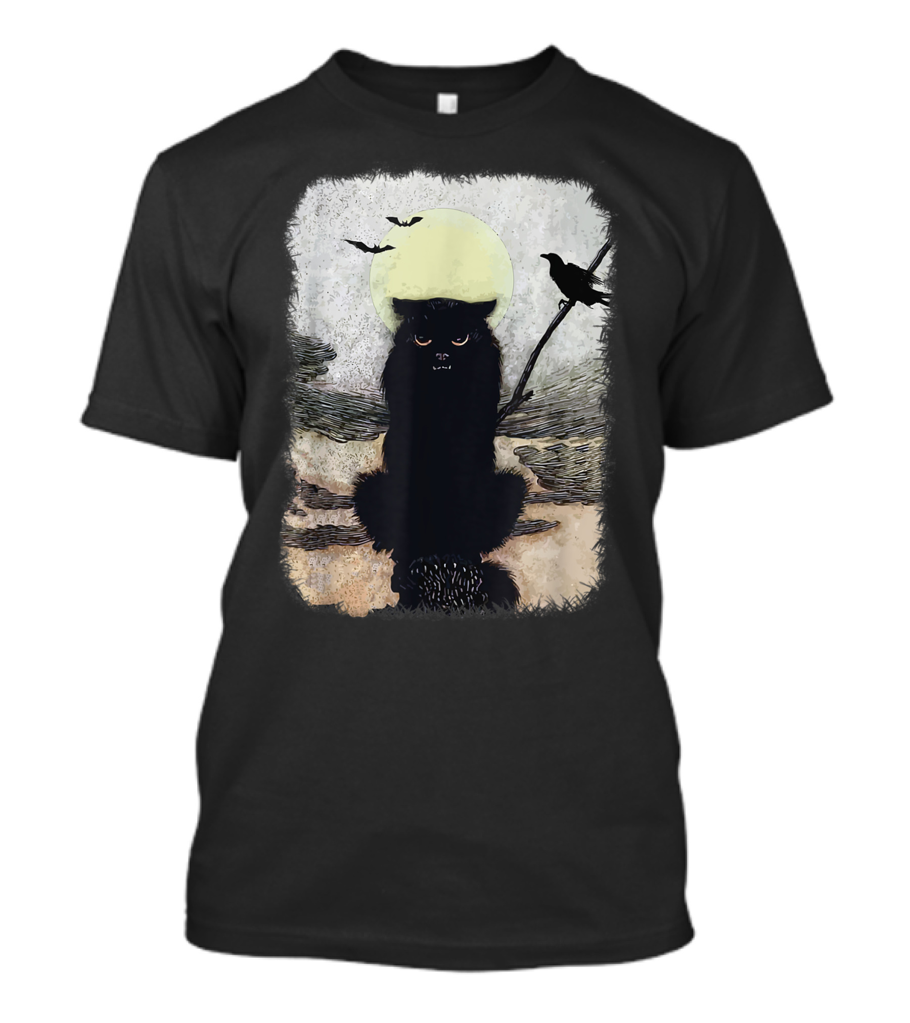Moonlit Spooky Halloween Scary Black Cat With Bats And Crow T-Shirt