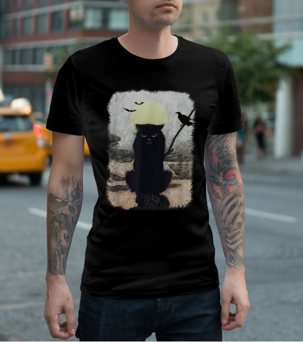 Moonlit Spooky Halloween Scary Black Cat With Bats And Crow T-Shirt