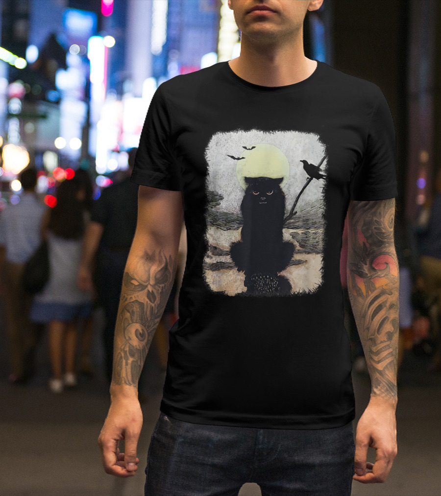 Moonlit Spooky Halloween Scary Black Cat With Bats And Crow T-Shirt