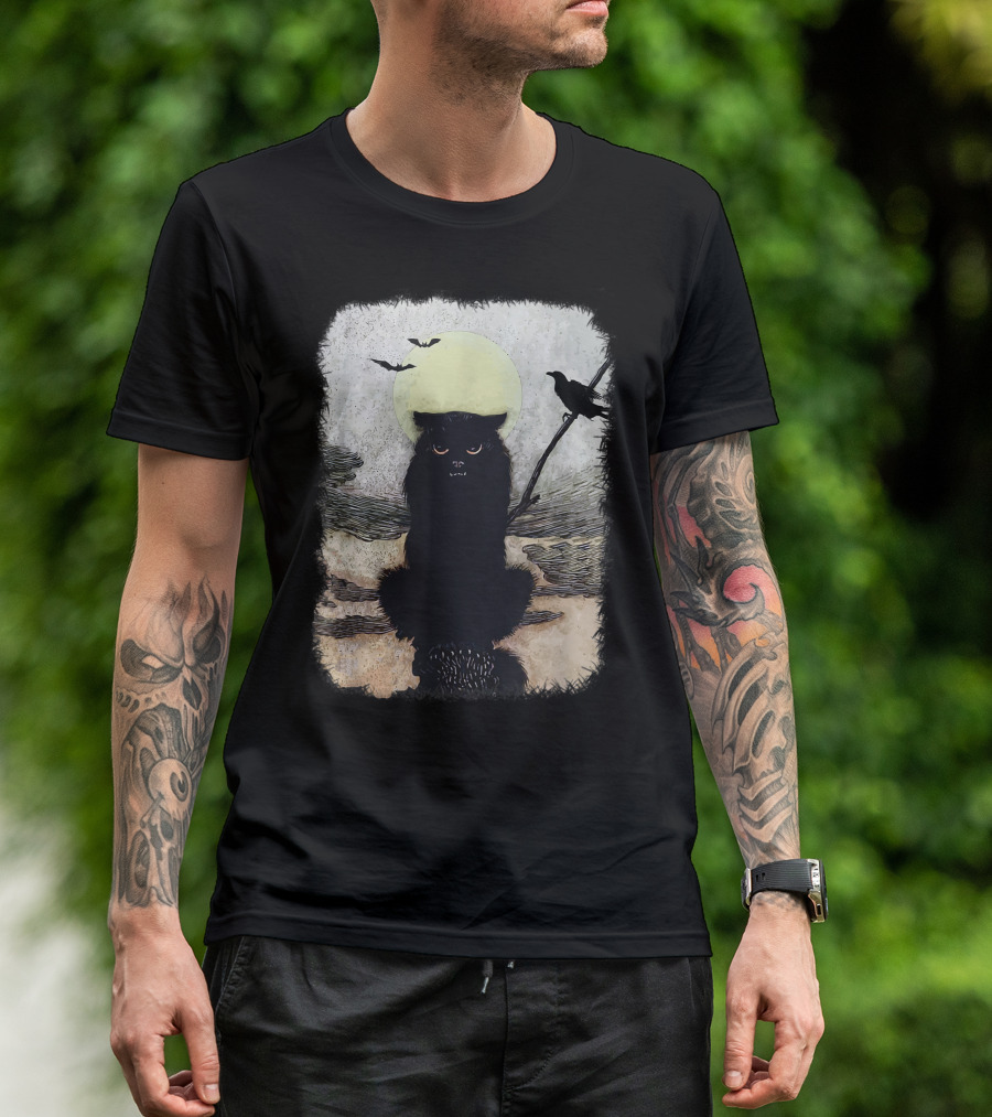 Moonlit Spooky Halloween Scary Black Cat With Bats And Crow T-Shirt