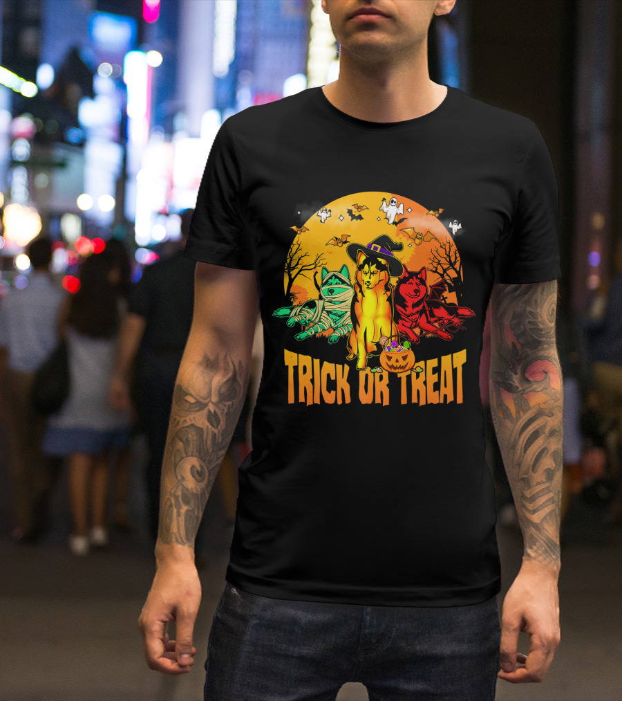 Trick Or Treat Siberian Husky Halloween Ghosts Pumpkins And Bats T-Shirt