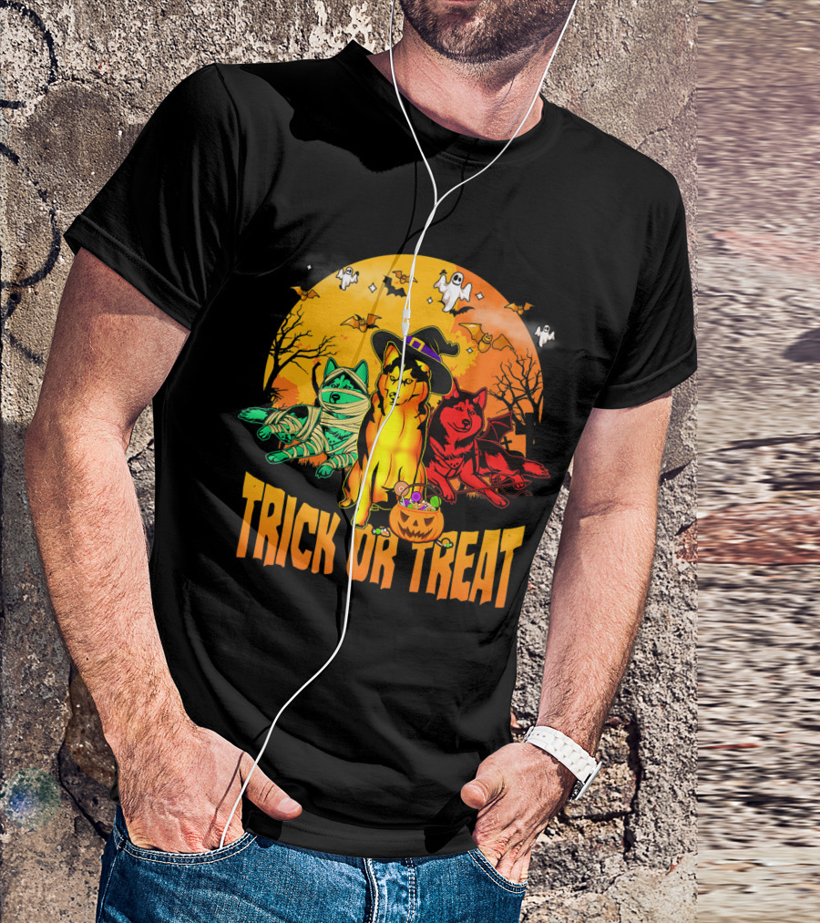 Trick Or Treat Siberian Husky Halloween Ghosts Pumpkins And Bats T-Shirt