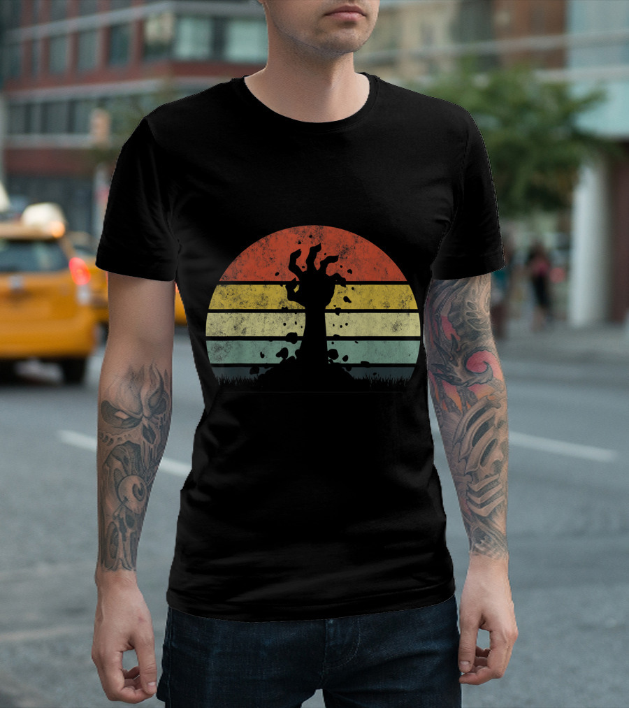 Vintage Retro Scary Zombie Hand Rising in Striped Sunset Background T-Shirt