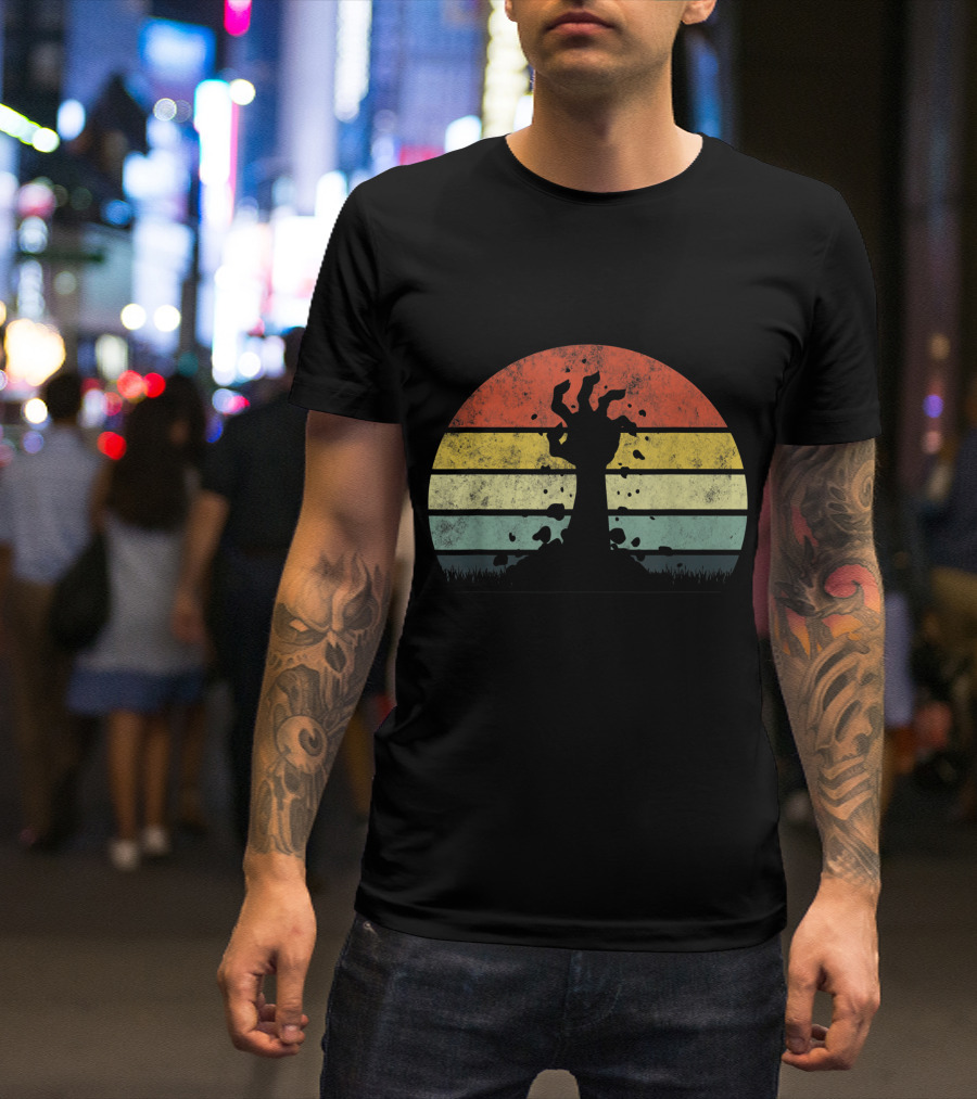 Vintage Retro Scary Zombie Hand Rising In Striped Sunset Background T-Shirt