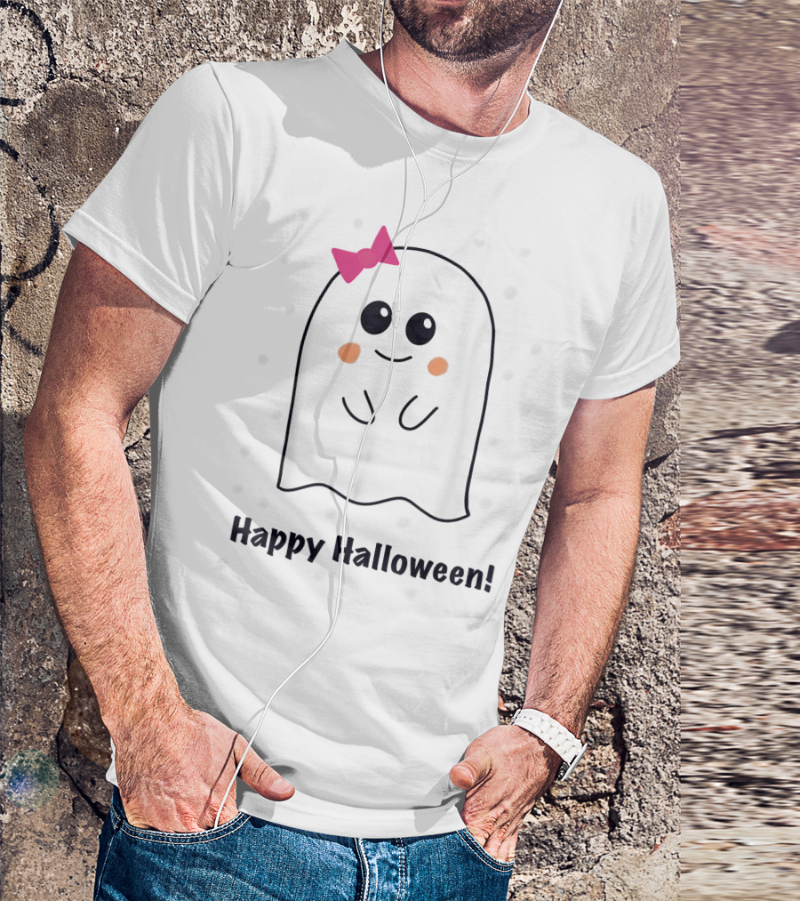 Happy Halloween Cute Ghost With Pink Bow T-Shirt
