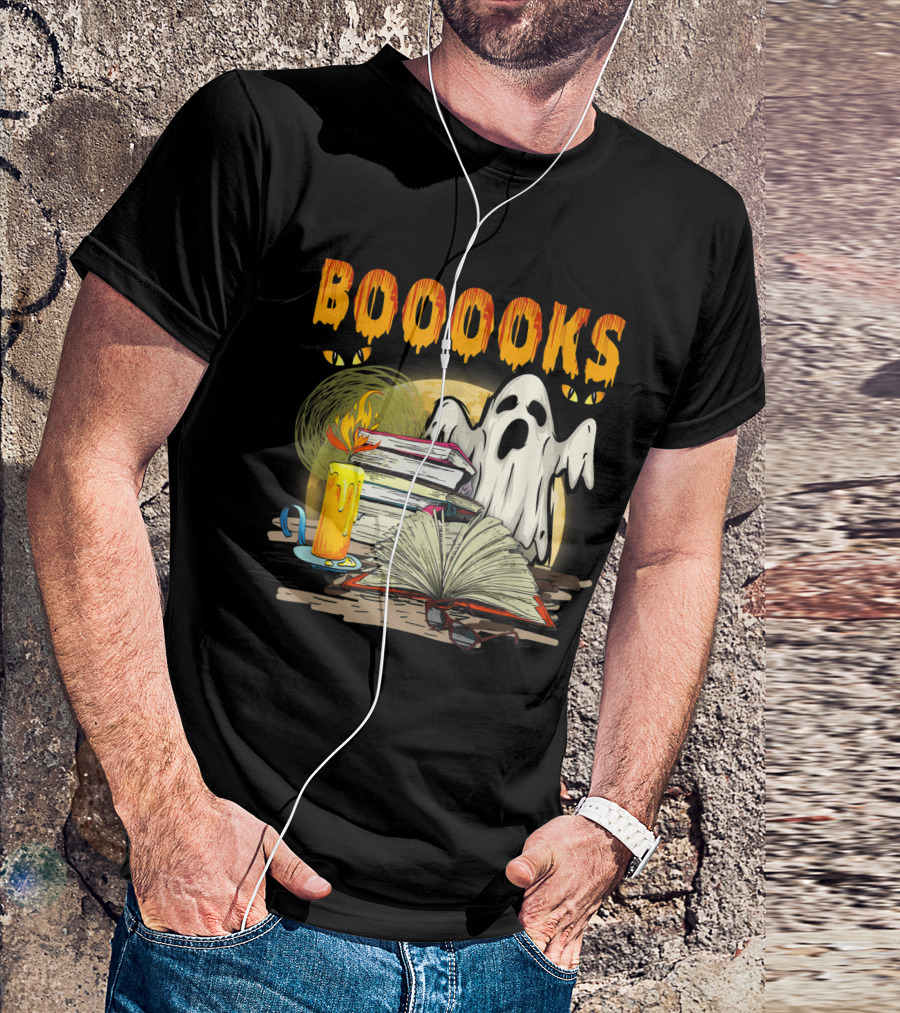 BOOOOKS Cute Ghost With Candles And Stacks Of Books T-Shirt