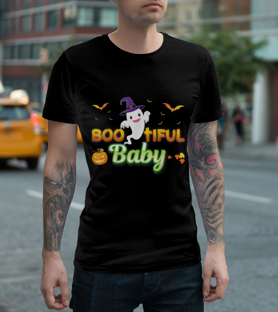 Bootiful Baby Cute Boo Ghost with Witch Hat and Pumpkin T-Shirt