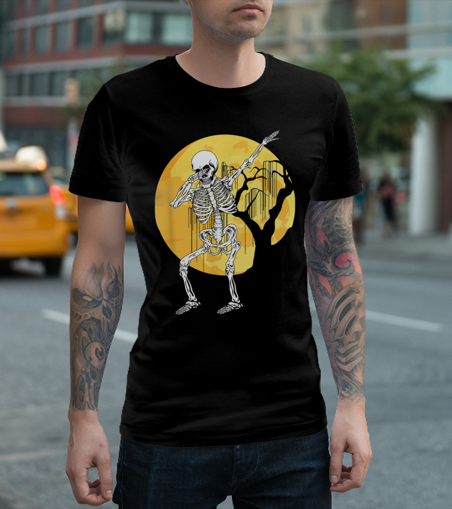 Dabbing Skeleton In Front Of Yellow Moon With Tree T-Shirt