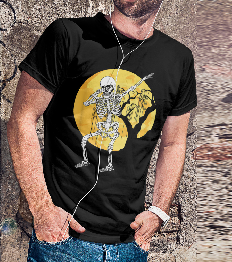Dabbing Skeleton In Front Of Yellow Moon With Tree T-Shirt