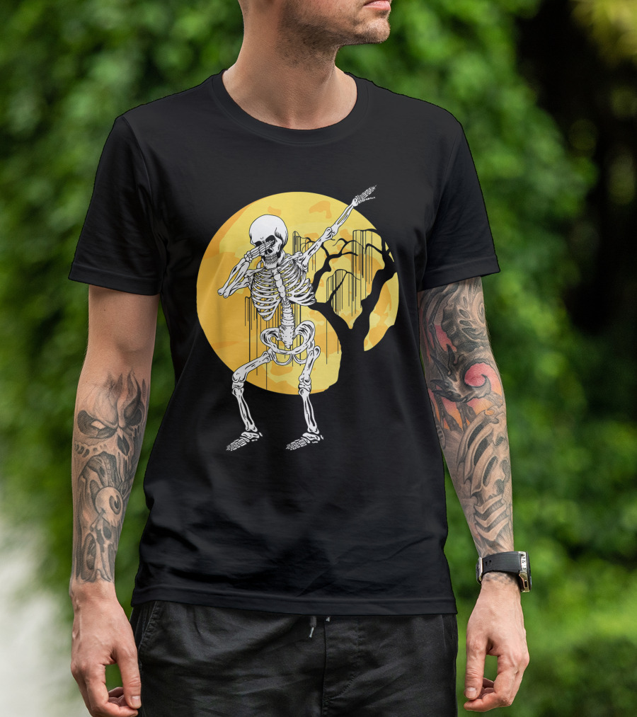 Dabbing Skeleton In Front Of Yellow Moon With Tree T-Shirt