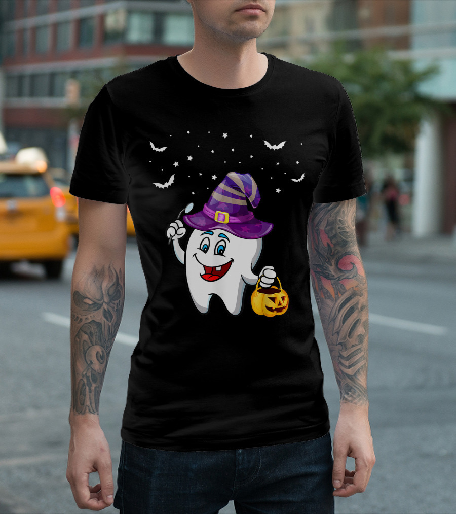Dentist Halloween Tooth Witch Hat Pumpkin Dental Hygienist Dental Assistant T-Shirt