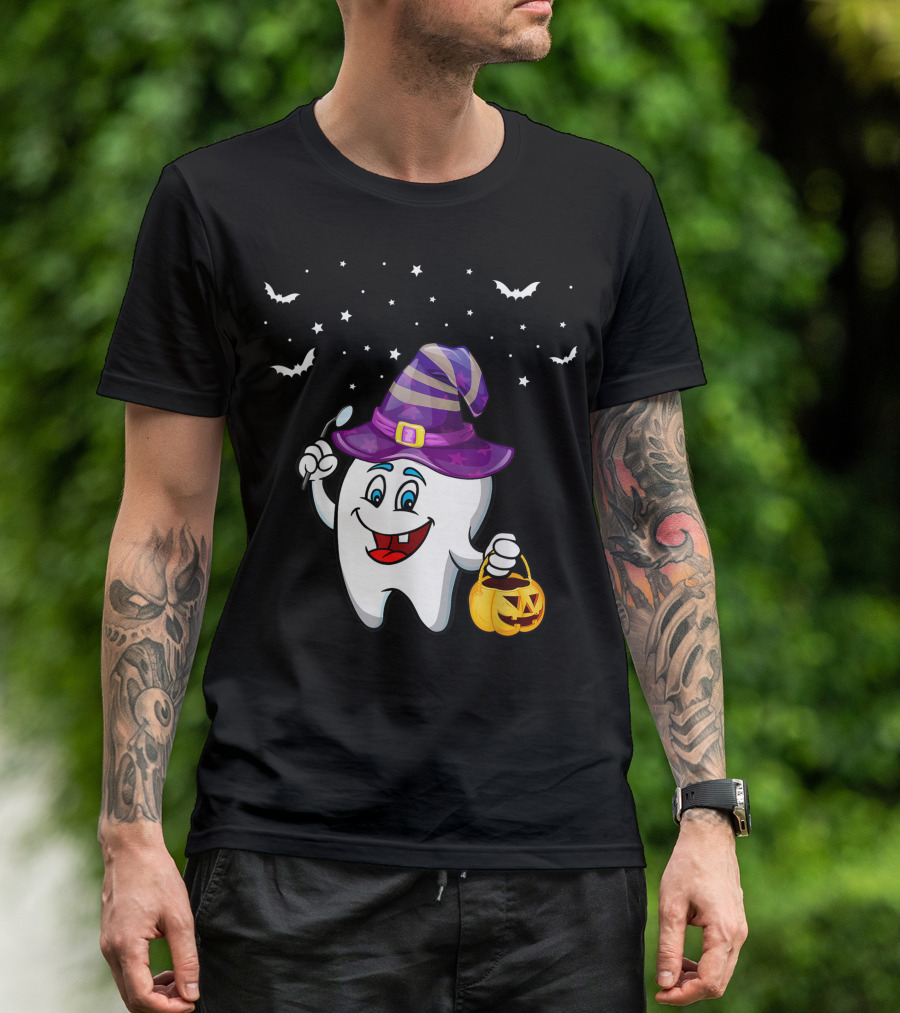 Dentist Halloween Tooth Witch Hat Pumpkin Dental Hygienist Dental Assistant T-Shirt
