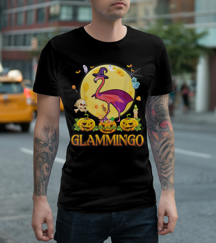 Glammingo Witch Flamingo Halloween Pumpkin Moon Ghosts Skulls Candy T-Shirt