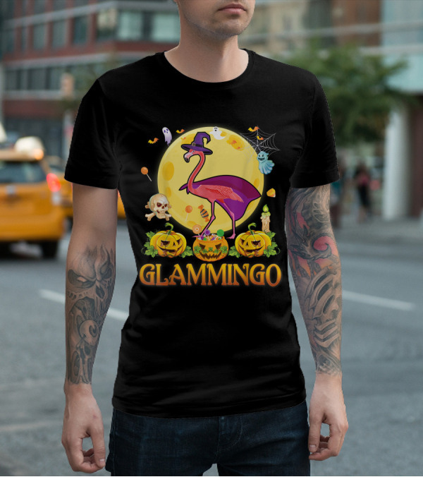 Glammingo Witch Flamingo Halloween Pumpkin Moon Ghosts Skulls Candy T-Shirt