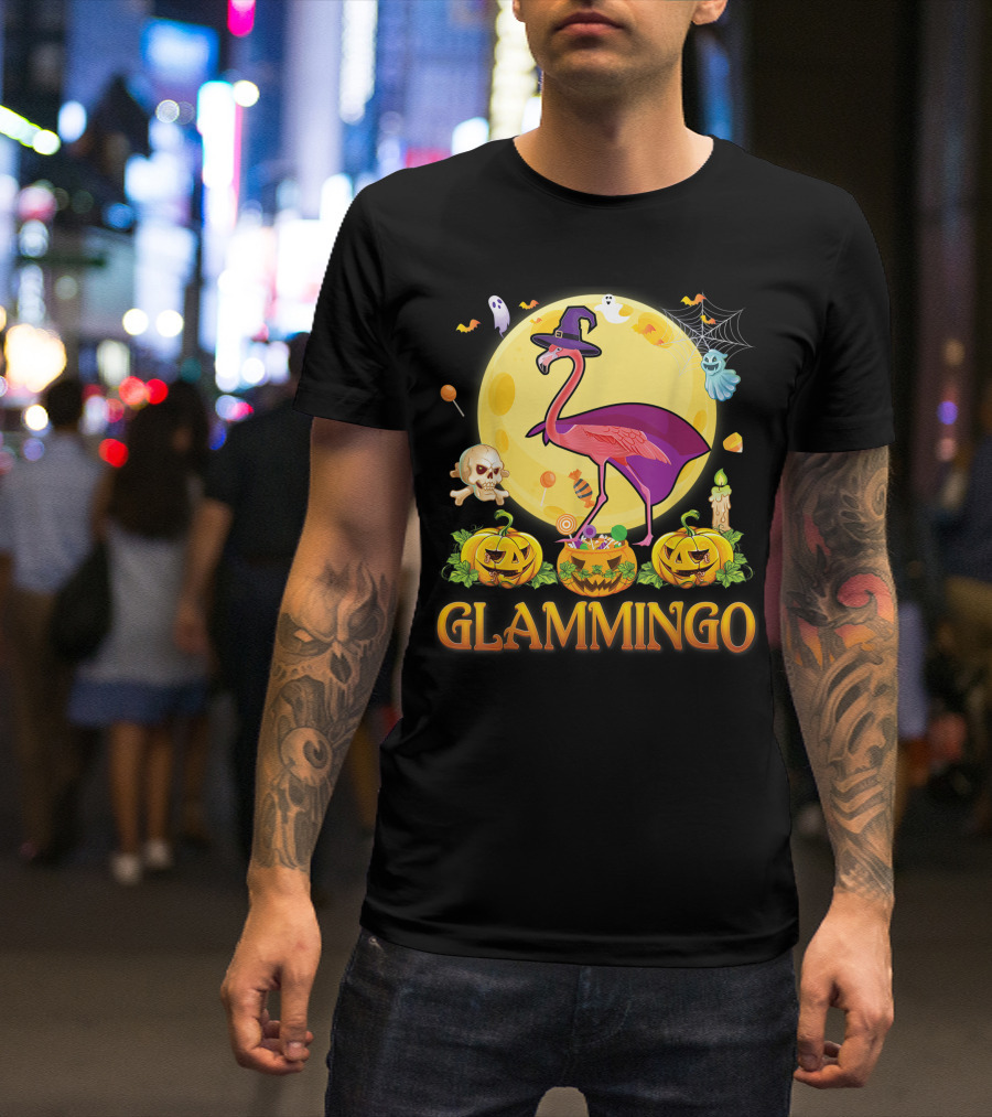 Glammingo Witch Flamingo Halloween Pumpkin Moon Ghosts Skulls Candy T-Shirt