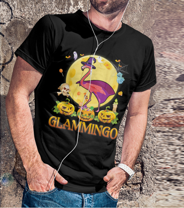 Glammingo Witch Flamingo Halloween Pumpkin Moon Ghosts Skulls Candy T-Shirt