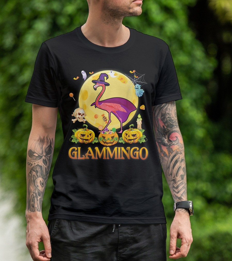 Glammingo Witch Flamingo Halloween Pumpkin Moon Ghosts Skulls Candy T-Shirt