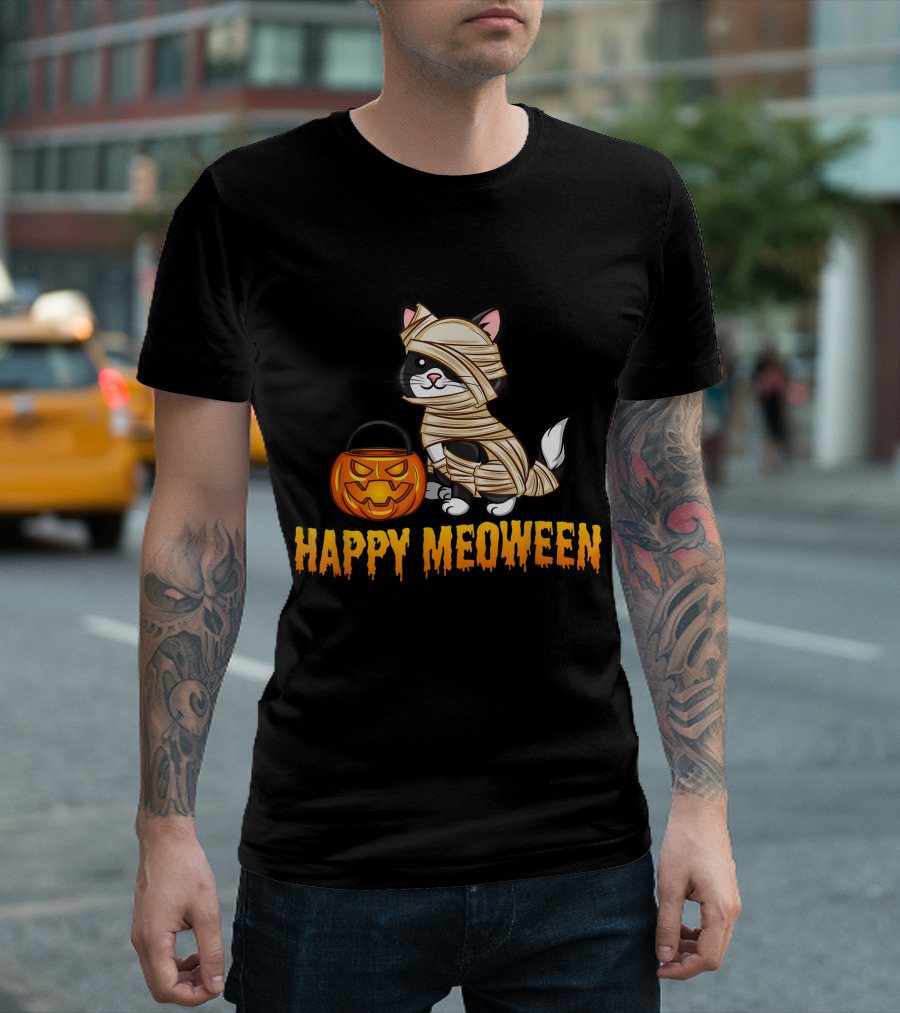 Happy Meoween Cute Cat Mummy With Pumpkin T-Shirt